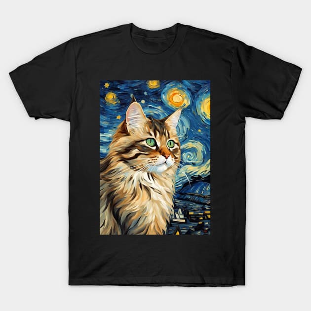 Cute Siberian Cat Breed Painting in a Van Gogh Starry Night Art Style T-Shirt by Art-Jiyuu